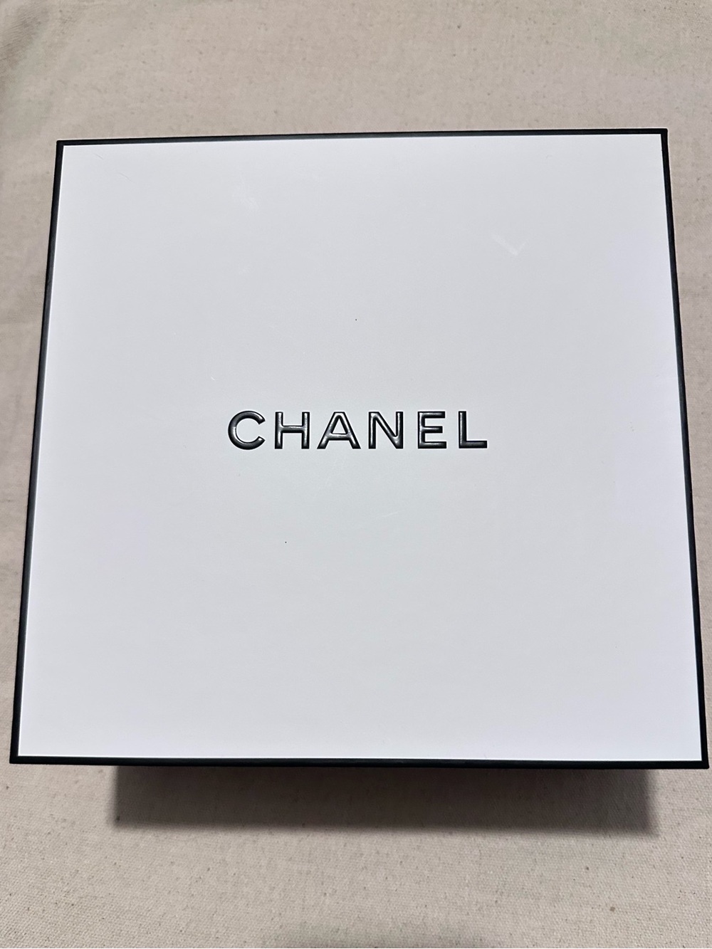 CHANEL | Box | Medium White Box with Black Logo Trim